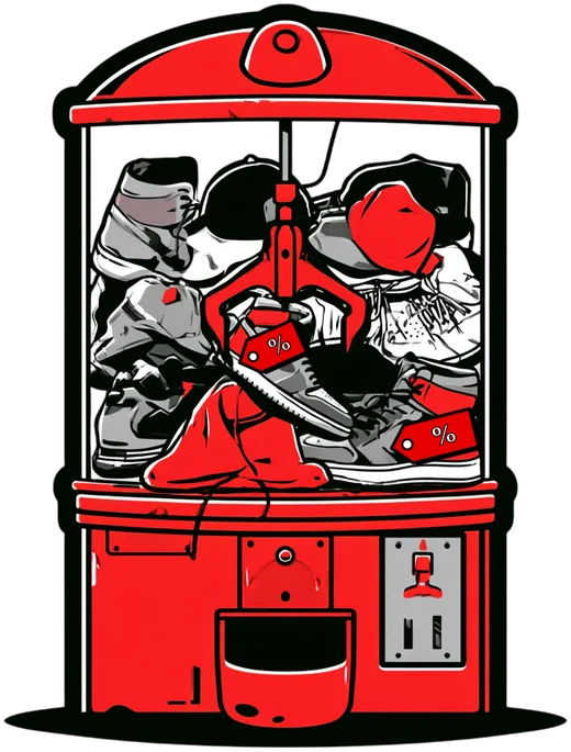 A claw machine full of sneakers, hoodies and caps with discount price tags