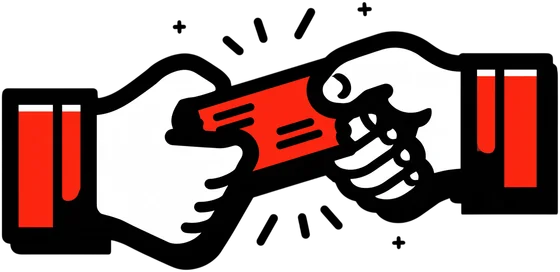 Two hands passing a coupon like a relay baton