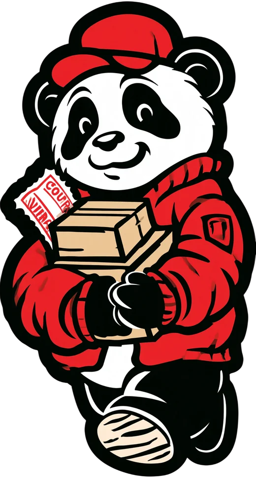 Kakobuy Coupons mascot: a panda courier carrying a parcel and a coupon