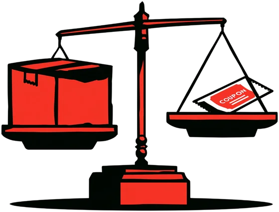 A balance scale where one coupon outweighs a parcel