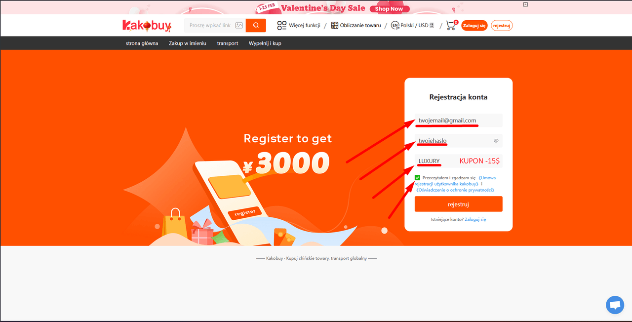 Kakobuy sign-up form with code LUXURY