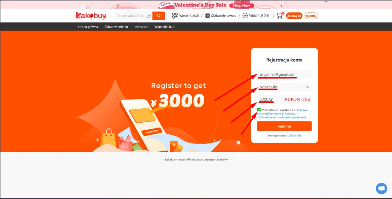 Kakobuy sign-up form with code LUXURY